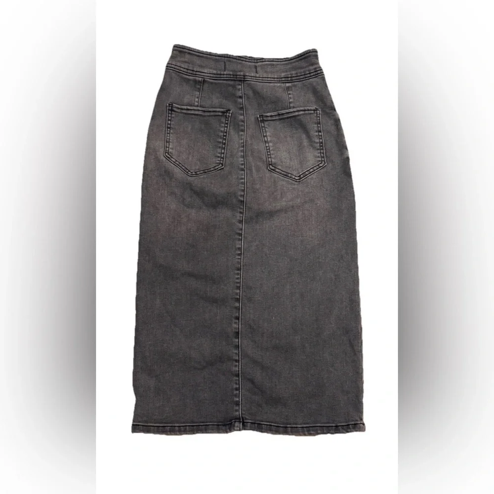 Free People We The Free Maddie Black Denim Midi Skirt Front Slit Button Fly 25